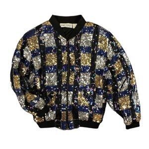 Vintage Sequined Bomber Jacket Checkerboard Check Window Pane Plaid Pattern